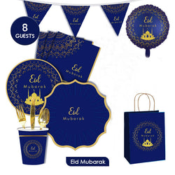Partyset 'Eid Mubarak' Blå med guld, 8-pack