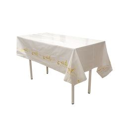 Table cloth white with gold text 'Eid Mubarak'