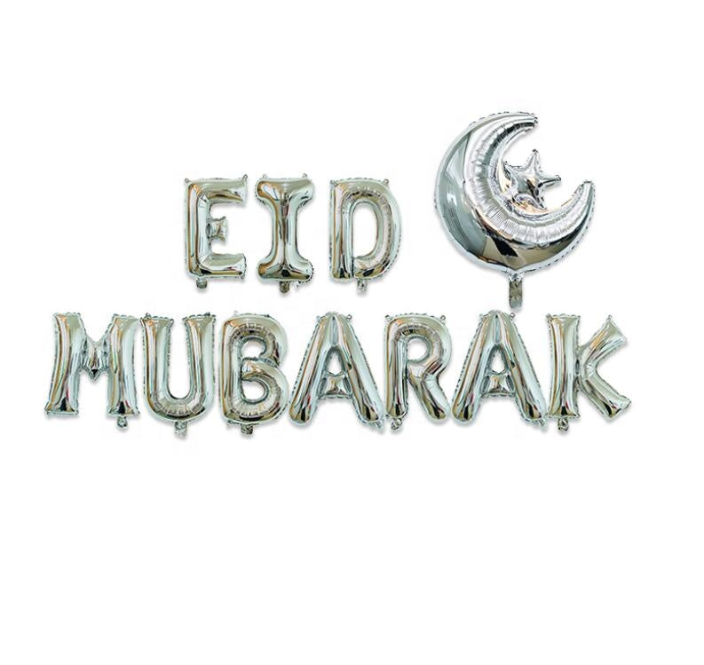 Folieballonger bokstäver med måne & stjärna Silver 'Eid Mubarak'