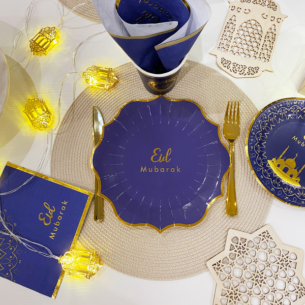 Partyset 'Eid Mubarak' Blå med guld, 8-pack